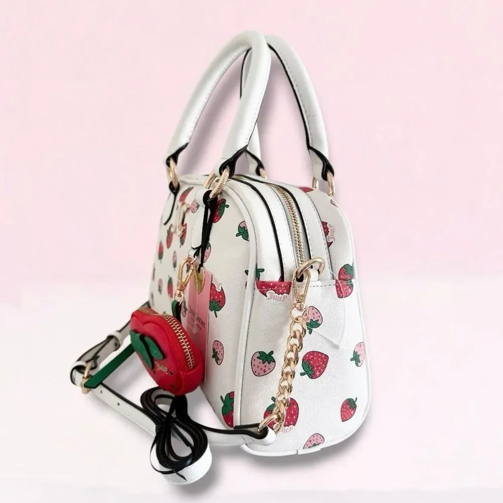 Juicy Couture White Sweet n Juicy LARGE Bowler Bag Satchel Strawberry Coin Purse